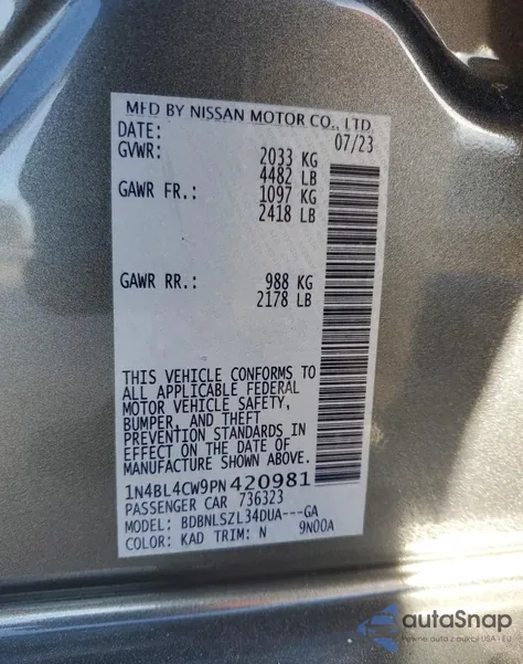 2023 Nissan Altima Sr z USA, uszkodzony, nr VIN 1N4BL4CW9PN420981
